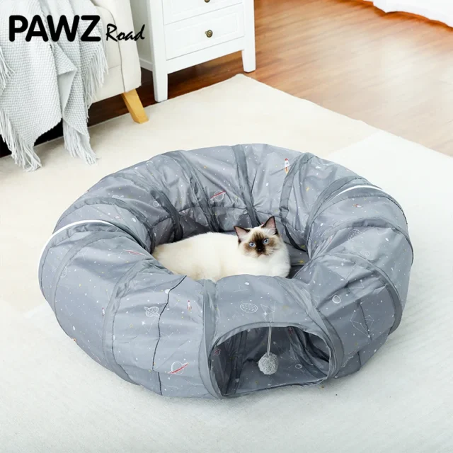 Round Cat Tunnel Toy with Mat for Cat Collapsible Funny Cat Dog Tunnels Toys Passageway Tubes Kitten Puppy Outdoors