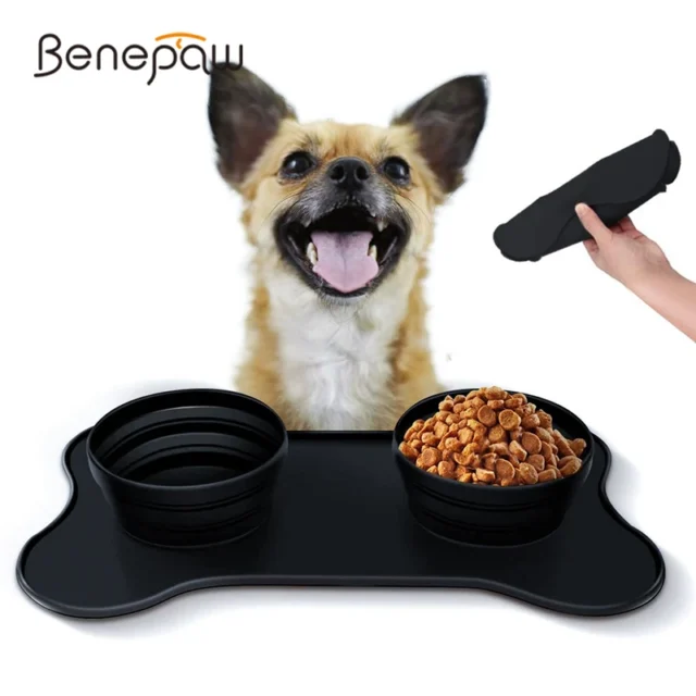 Benepaw Portable Dog Bowl Double Nontoxic Soft Silicone Foldable No Spill Non-Skid Travel Pet Feeder Food Water Puppy Feeding