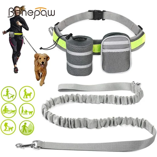 Benepaw Reflective Handsfree Dog Leash With Two Storage Bags Adjustable Waist Elastic Pet Running Leash For Medium Big Dogs