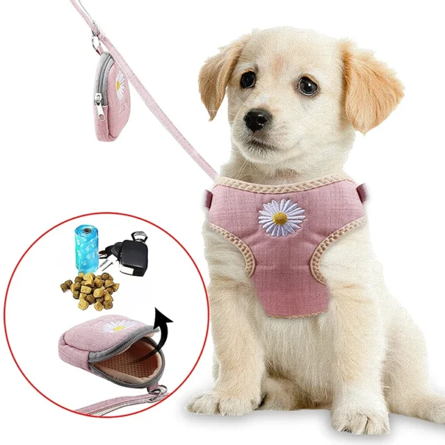 Benepaw Embroidery Flower Dog Harness Leash Set Snack Bags Durable Lightweight Adjustable Breathable Mesh Pet Puppy Harness Vest - Image 5