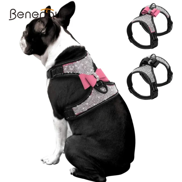 Benepaw Rhinestone Dog Harness Reflective Bling Nylon Puppy Pet Vest Bow Tie for Small Medium Large Dogs Walking Party Wedding