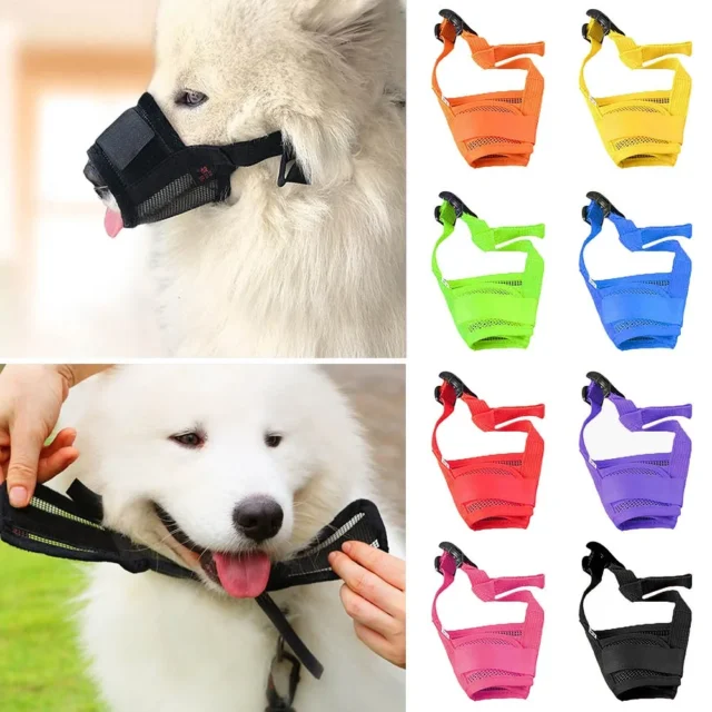 Pet Dog Muzzle Adjustable Muzzle Mask Bark Bite Mesh Mouth Muzzle Grooming Anti Stop Chewing Dog Leash Pets Accessories - Image 2