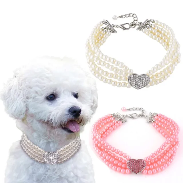 New Puppy Dog Choker Four Rows Pearls Necklace Collar Shiny Rhinestone Heart Shape Pendant Cat Collar Jewellery Pet Supplies