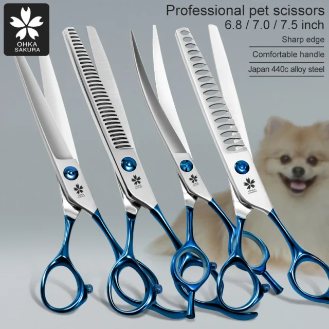 Pet Grooming Scissors Blue Handle Curved Scissors Hairdressing Professional Teddy Dog Shearing Shearing Tool Set