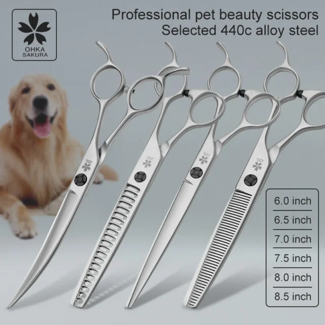 Professional Pet Scissors Direct Shear Curved Tooth Scissors Thin Scissors Set Dog Hair Cutting Tools Beautician Scissors