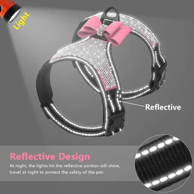 Benepaw Rhinestone Dog Harness Reflective Bling Nylon Puppy Pet Vest Bow Tie for Small Medium Large Dogs Walking Party Wedding - Image 2