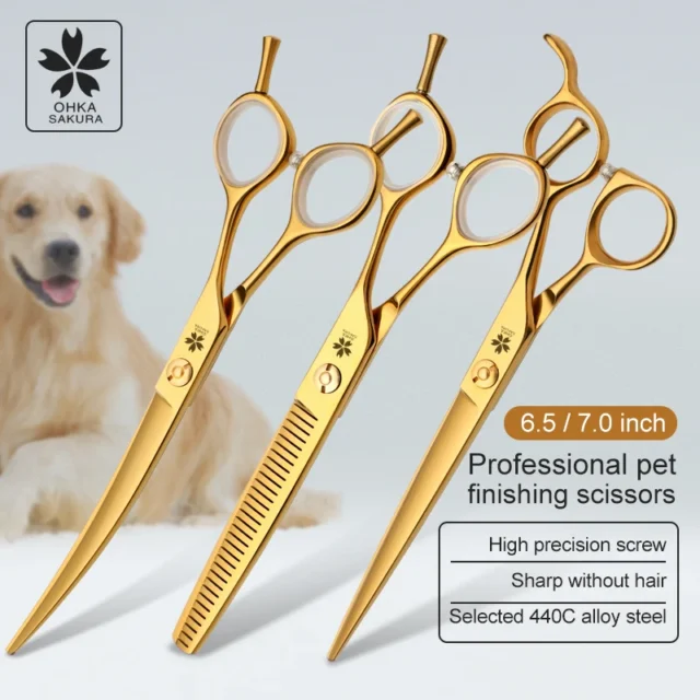 Vacuum Plating Golden Professional Pet Beauty Curved Scissors Straight Scissors 7.0 Inch Dog Hair Trimming Scissors For Dog