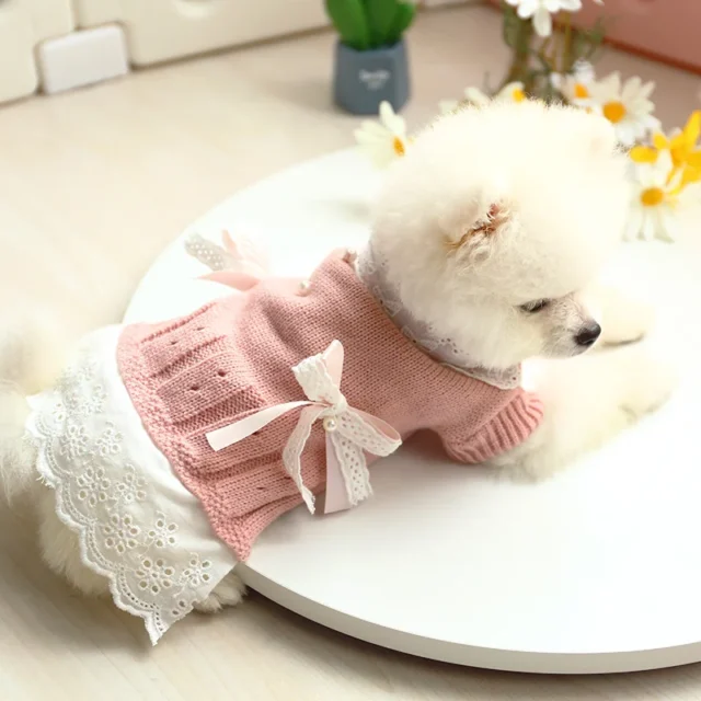 Autumn Warm Pet Dog Sweater Dress for Small Cats Dogs Puppies Bichon Yorkie Comfortable Pet Hollow Out Lace Bow Knit Sweater - Image 3