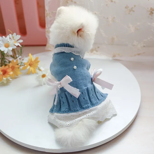 Autumn Warm Pet Dog Sweater Dress for Small Cats Dogs Puppies Bichon Yorkie Comfortable Pet Hollow Out Lace Bow Knit Sweater - Image 5