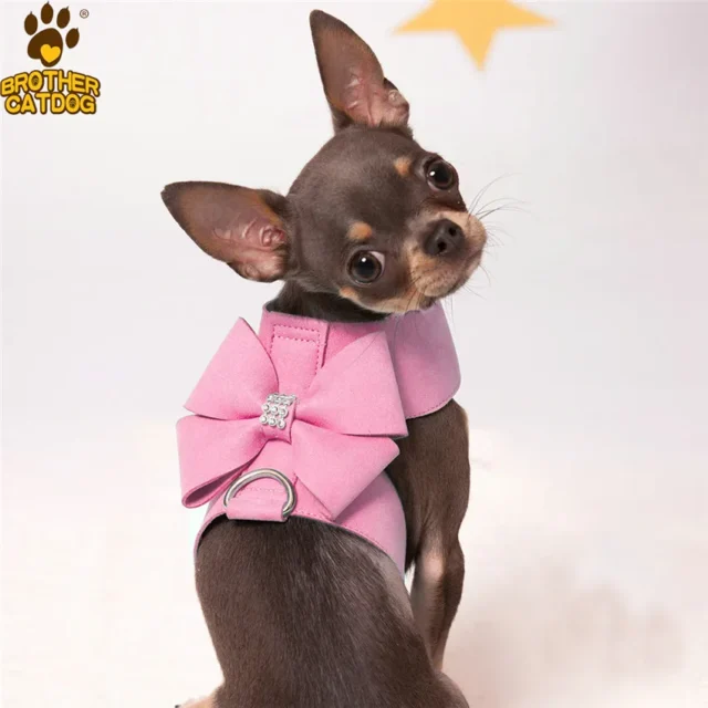 Small Dog Harness Leash Collar Soft Suede Leather Dog Harness for Puppies Chihuahua Yorkie Cute Pet Harness with Leash Bow XL - Image 3