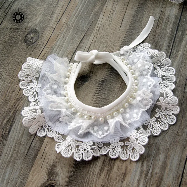 Pet Dog Cat Cute Simple Lace Fabric Collar Saliva Towel Bib Scarf Adjustable Clothing Decorative Lace White Pearl Turban - Image 6