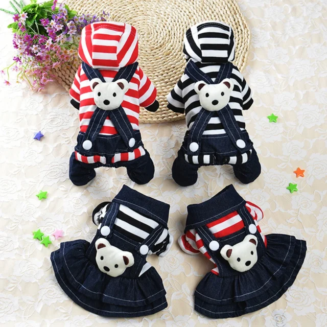 Pet Dog Wear Cat Clothes Cartoon Bear Striped Jumpsuit With Hoodie & Bear On The Back Party Striped Red Blue Pet Dress Supplies