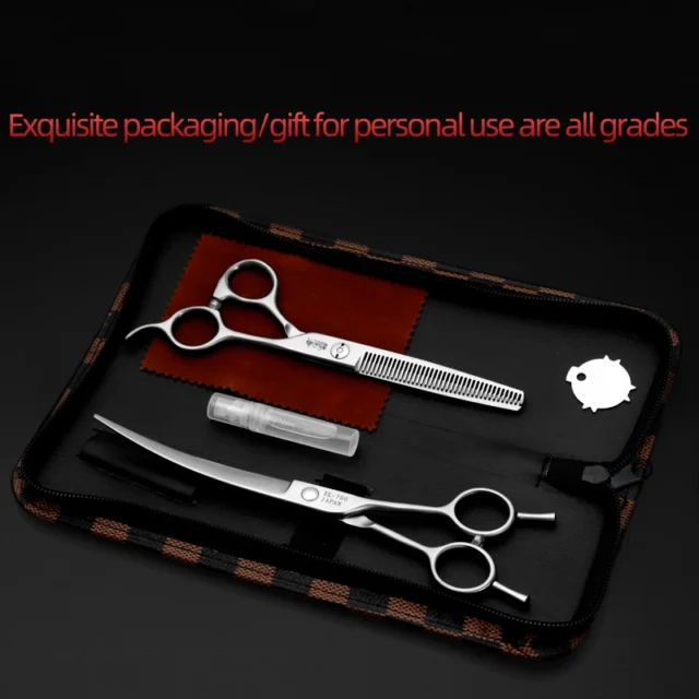 Professional Pet Scissors, Straight Cut, Curved Scissors, Thinning, Dog Hair Artifact, Self-cutting Hairdressing Scissors Set - Image 6