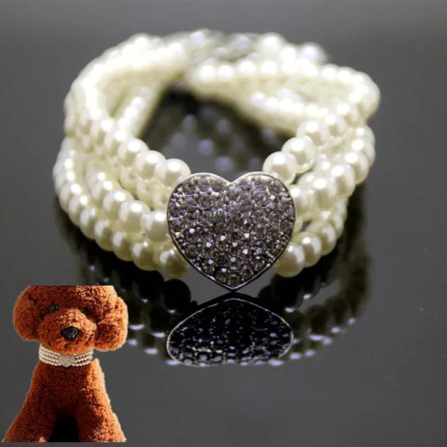 New Puppy Dog Choker Four Rows Pearls Necklace Collar Shiny Rhinestone Heart Shape Pendant Cat Collar Jewellery Pet Supplies - Image 2