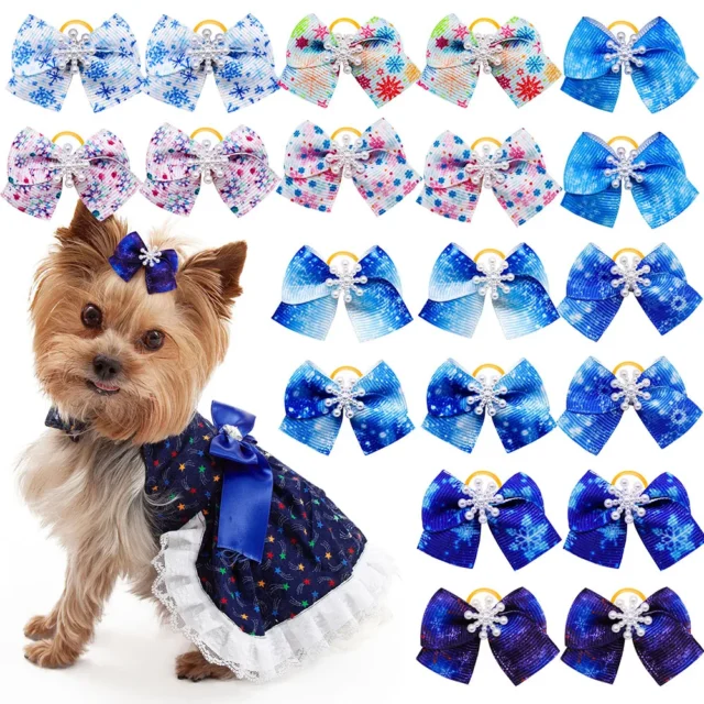 20PCS Winter Dogs Hair Bows Snowflakes Small Dog Bows Fashion Pet Dog Bowknot Small Dog Cat Grooming Pet Supplies