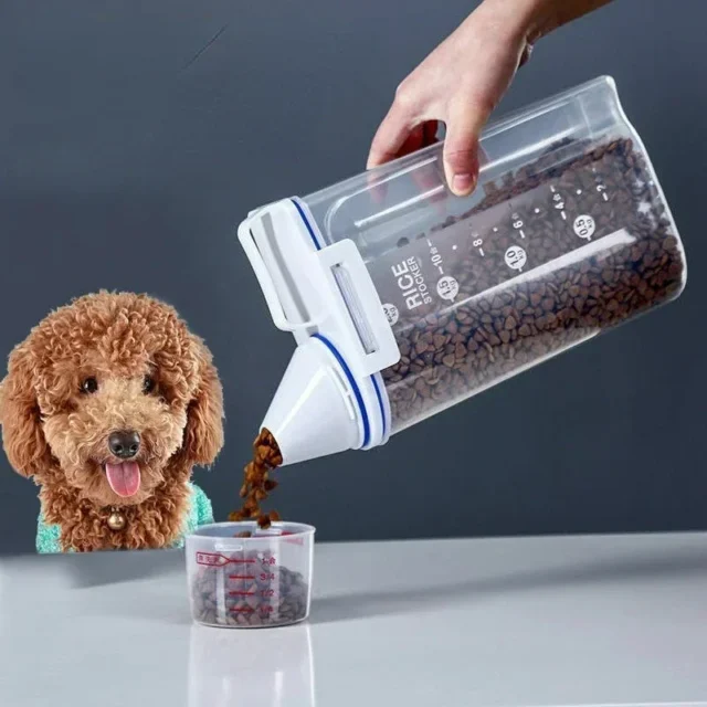 Dog Cat Food Pail Plastic Storage Tank with Measuring Cup Container Moisture-proof Sealed Jar Pet Supplies Accessories