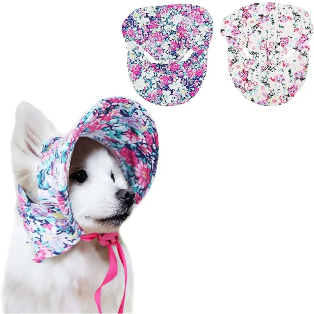 Dog Hat with Ear Holes for Outdoor Sun Protection Floral Dog Cap Female Summer Pet Visor Sunbonnet Adjustable for Girl Puppies