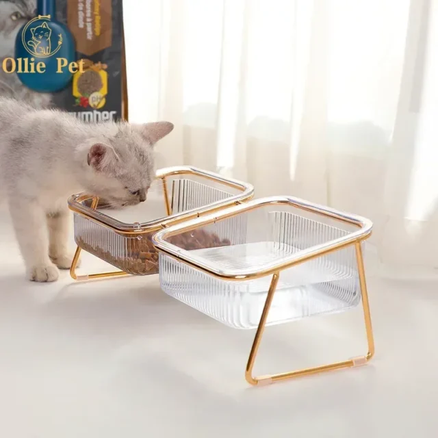 Cat Double Bowl Non-slip Transparent with Raised Stand Foot Puppy Food Feeding Dish Metal Elevated Water Feeder Easy To Clean - Image 2