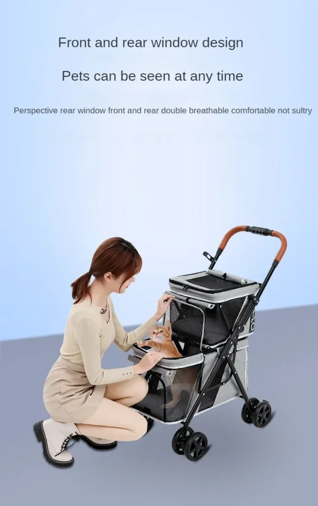 New Pet Stroller Double Layer Suitable for Two Pet Cats Dogs Foldable Cart Breathable Dog Stroller Pet Trolley carry on case - Image 3