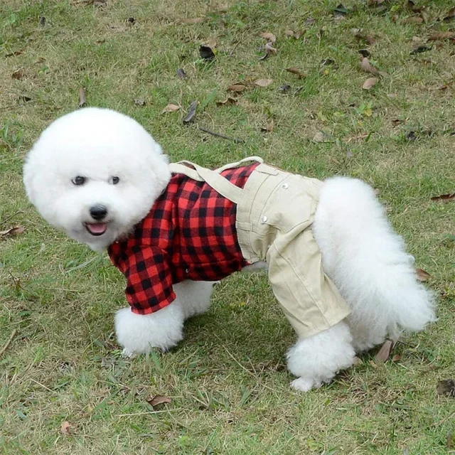 Dog Clothes for Small Dogs Cat Red Plaid Shirts Sweater with Khaki Overalls Pants Jumpsuit Outfits British Style Puppy Clothes - Image 4