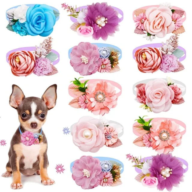 New 20/50PCS Flower Dog Bowtie Cat Dog Bow Tie Valentine's Day With Pearl Diamond Decoration Spring Dog Pet Product Dog Supplies