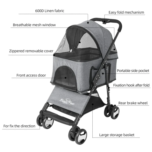 Large Pet Stroller Pram Dog Carrier Trailer Stroller Travel Walk Carrier with Detachable Carrier Cart Load 30kg - Image 4