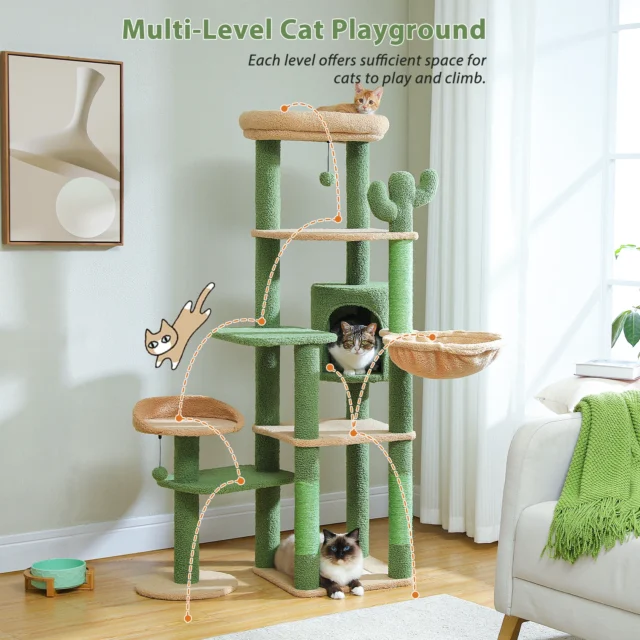 Height 150 CM Cactus Large Cat Tree Tower for Indoor with 5 Tier Spacious Condo Cozy Hammock Scratching Post and 2 Perches Green - Image 3