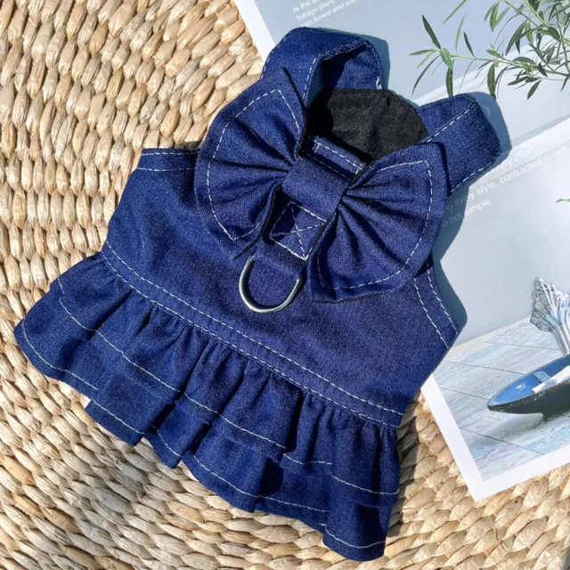 Denim Dog Dresses for Small Dogs Summer Puppy Girl Clothes with Leash Ring Cute Bow Knot Cat Apparel Doggy Walking Harness Skirt - Image 3