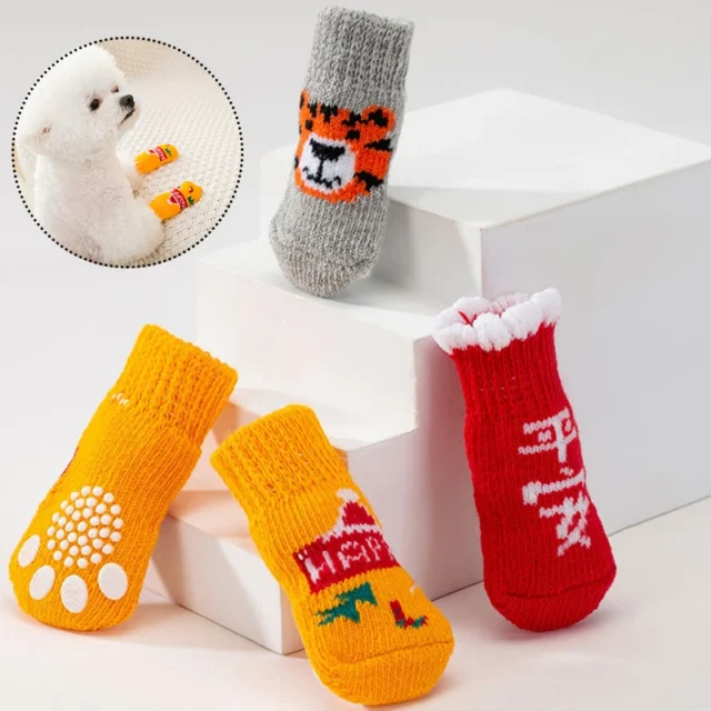 4pcs/Set Cute Puppy Dog Printed Socks Cartoon Anti Slip Knit Socks Warm Elastic Puppy Shoes Small Medium Dogs Boots Pet Product - Image 3