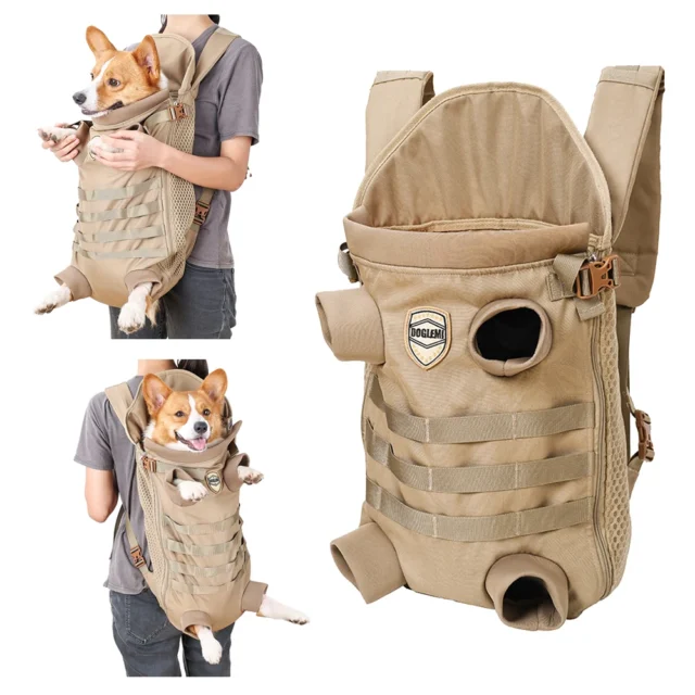 Backpack for Small Medium Dogs Hands Free Tactical Outdoor Pet Frontpack Soft Breathable Safety Travel Dog Carrier Military Tan - Image 2