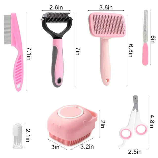 8-piece dog brush grooming set, pet self-cleaning set, with pet nail clippers and files, flea comb, pet shampoo bath brush, pet - Image 2