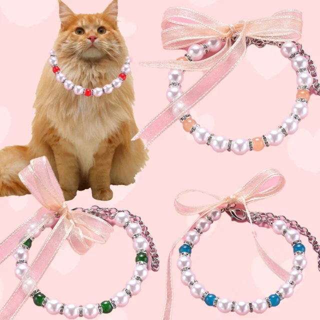 Boutique Cat Puppy Pearl Necklace Accessories for Cats Luxury Small Dogs Ragdoll Collar with Ribbon for Kitten Dog Accessories