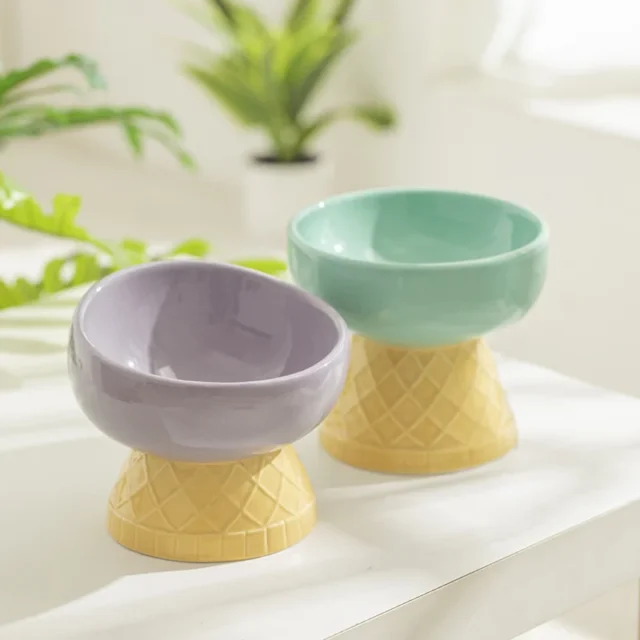 Cute Ceramic Cat Bowl Ice Cream Shape New High Foot Dogs Puppy Feeder Feeding Food Water Pet Supplies Cat Food Bowl - Image 3