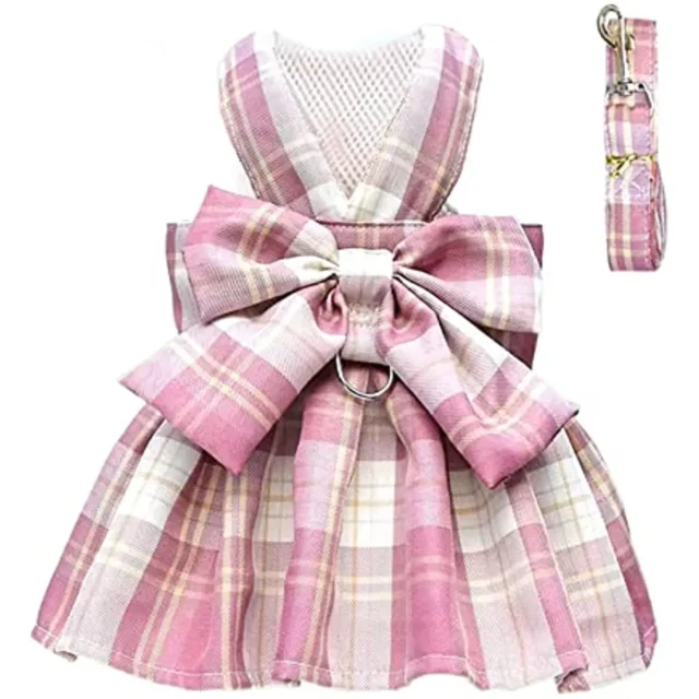 Plaid Dog Dress with Bow Tie, Harness Leash Set for Dog and Cat, Cute Princess Dog Dress, Pet Outfits, Spring and Summer Clothes