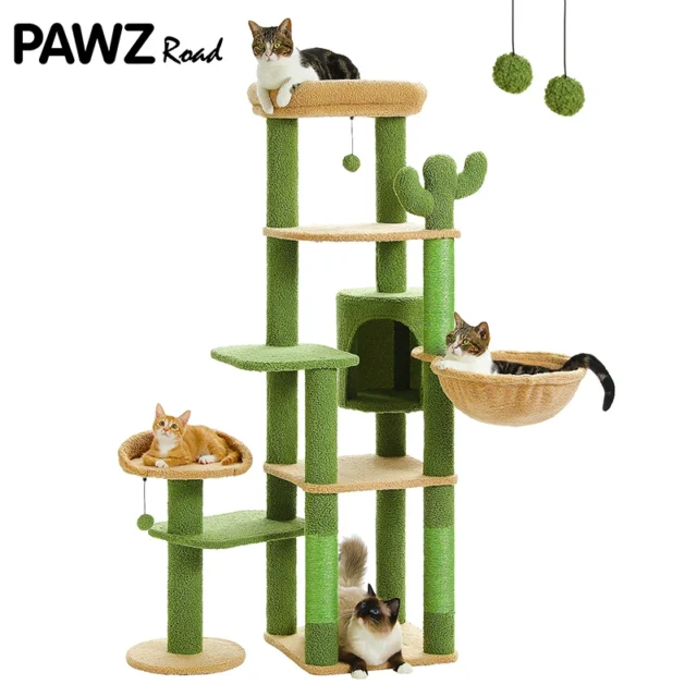 Height 150 CM Cactus Large Cat Tree Tower for Indoor with 5 Tier Spacious Condo Cozy Hammock Scratching Post and 2 Perches Green - Image 2