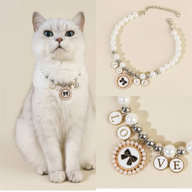 Pet Pearl Collar Cat Love Pendant Princess Necklace Dog Sweet Decorations Puppy Rhinestone Collar Chihuahua Accesorios