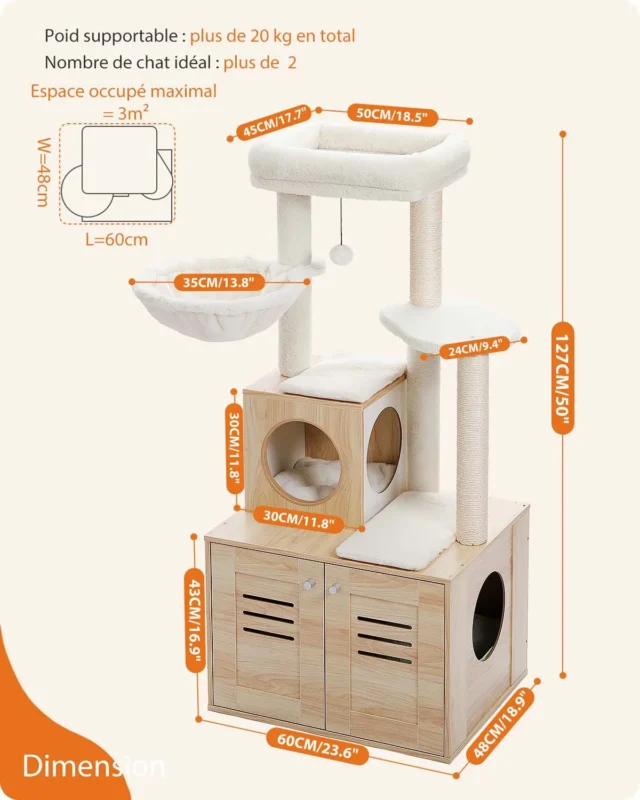 H127CM Modern Cat Tree with Condo Included Cat Litter Box Solid Wood Enclosure Furniture with Large Hammock Top Spacious Perch - Image 6