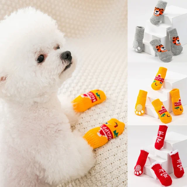 4pcs/Set Cute Puppy Dog Printed Socks Cartoon Anti Slip Knit Socks Warm Elastic Puppy Shoes Small Medium Dogs Boots Pet Product - Image 2