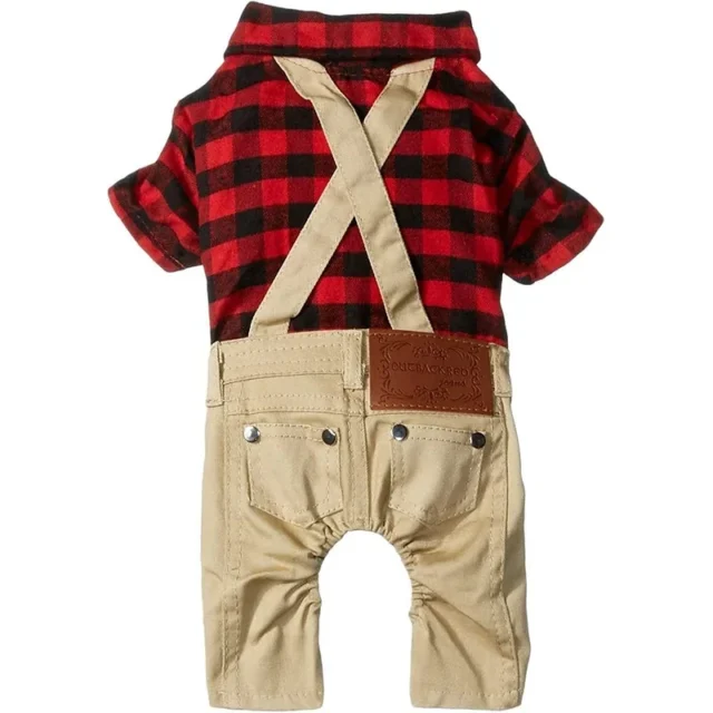 Dog Clothes for Small Dogs Cat Red Plaid Shirts Sweater with Khaki Overalls Pants Jumpsuit Outfits British Style Puppy Clothes