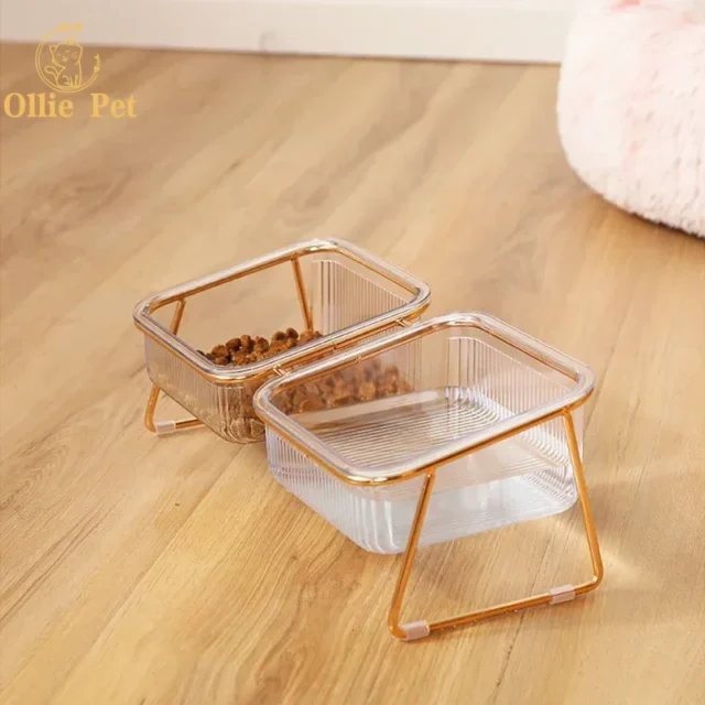 Cat Double Bowl Non-slip Transparent with Raised Stand Foot Puppy Food Feeding Dish Metal Elevated Water Feeder Easy To Clean - Image 3