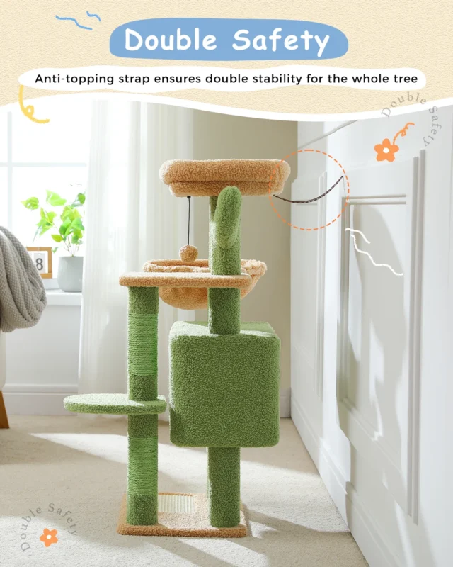 H88CM Cactus Cat Tree for Indoor Tower for Multi-Level Plush with Natural Sisal Scratching Post Condos Perches Hammock 2 Colors - Image 4