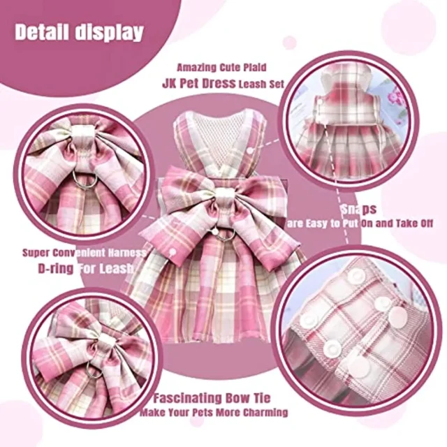 Plaid Dog Dress with Bow Tie, Harness Leash Set for Dog and Cat, Cute Princess Dog Dress, Pet Outfits, Spring and Summer Clothes - Image 2