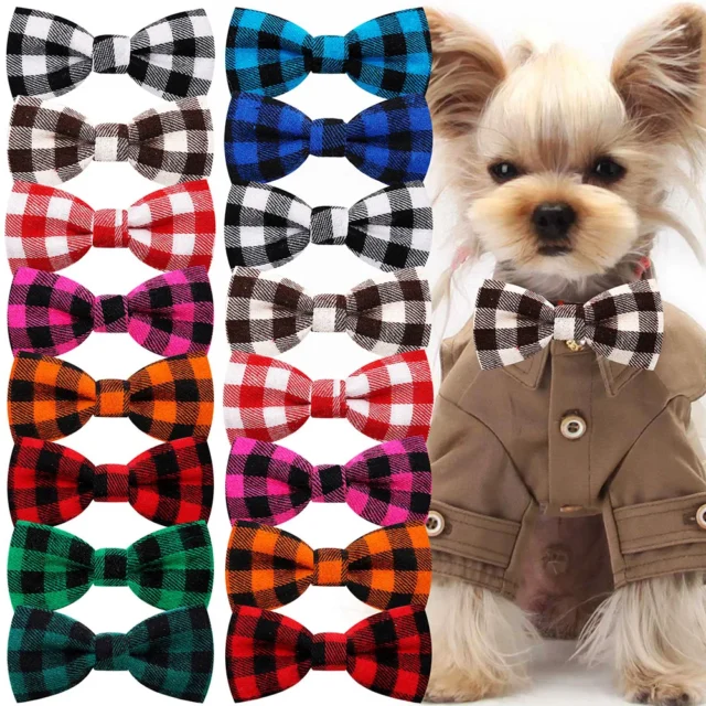 10PS Dog Bow Tie Cotton Plaid Samll Dog Cat Bowties Collar Bows Dogs Collar Accessories Pets Grooming Accessories For Small Dogs