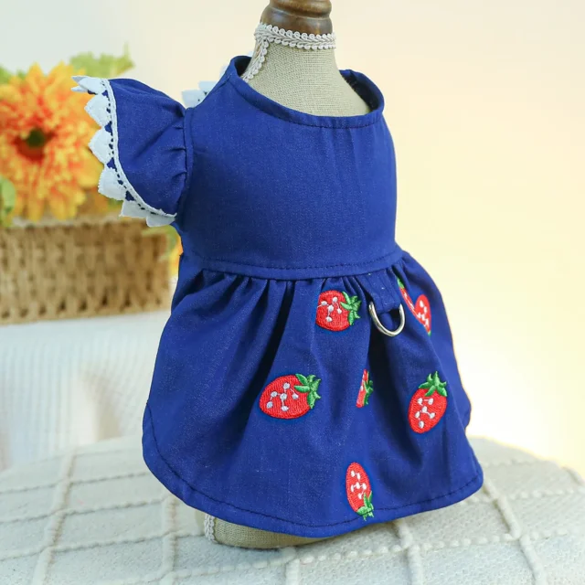 1PC Pet Clothing Cat Dog Spring and Autumn Thin Blue Denim Strawberry Princess Dress With Drawstring Buckle For Small Medium Dog - Image 4