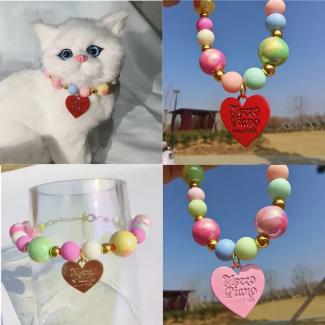 Colorful Cat Collar Pet Love Collar Dog Pearl Necklace Rainbow MultiColor Dog Necklace Pet Grooming Puppy Accessories - Image 2