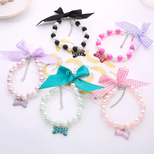 Pearl Rhinestone Pet Dog Cat Collar Necklace Shiny Kitten Puppy Cute Collar Pet Jewelry Dog Supplies Puppy Accessories Tag