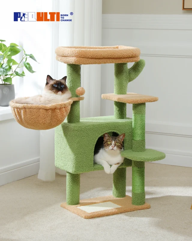 H88CM Cactus Cat Tree for Indoor Tower for Multi-Level Plush with Natural Sisal Scratching Post Condos Perches Hammock 2 Colors