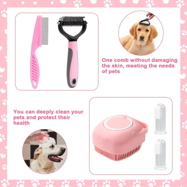 8-piece dog brush grooming set, pet self-cleaning set, with pet nail clippers and files, flea comb, pet shampoo bath brush, pet - Image 3