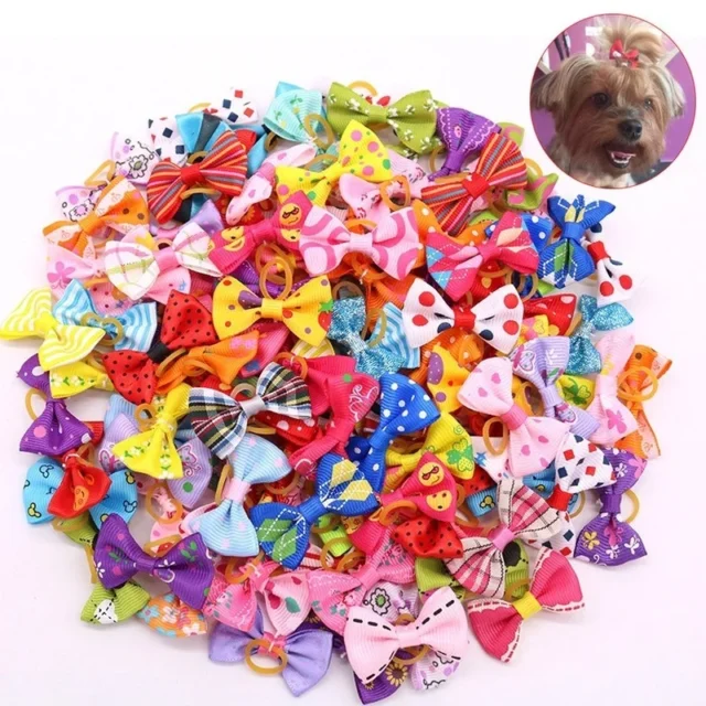 100PCS Dog Grooming Bows mix 30colours Cat dog Hair Bows Small Pog Grooming Accessories Dog Hair Rubber Bands Pet Supplier - Image 2