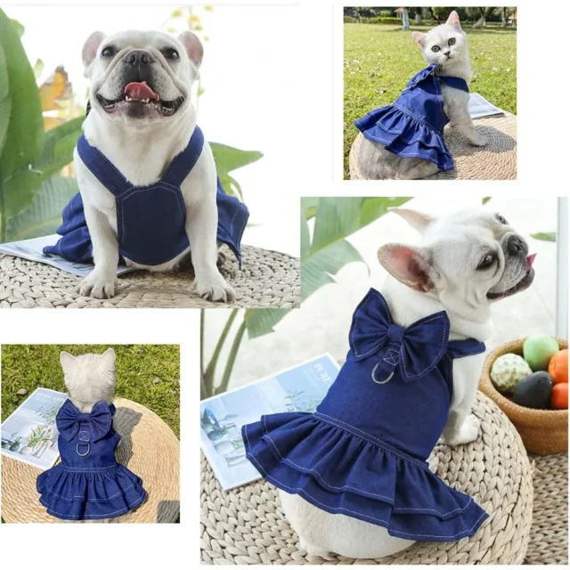 Denim Dog Dresses for Small Dogs Summer Puppy Girl Clothes with Leash Ring Cute Bow Knot Cat Apparel Doggy Walking Harness Skirt - Image 5